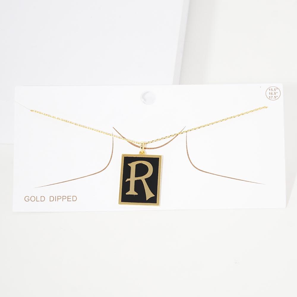 Gold -R- Gold Dipped Enamel Rectangle Monogram Pendant Necklace