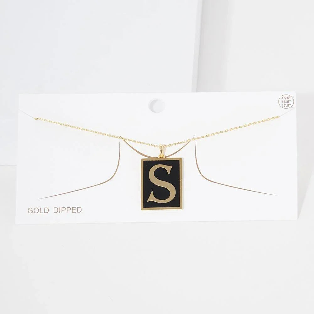 Letter S Gold Dipped Enamel Rectangle Monogram Pendant Necklace - Jewelry Store by Erik Rayo