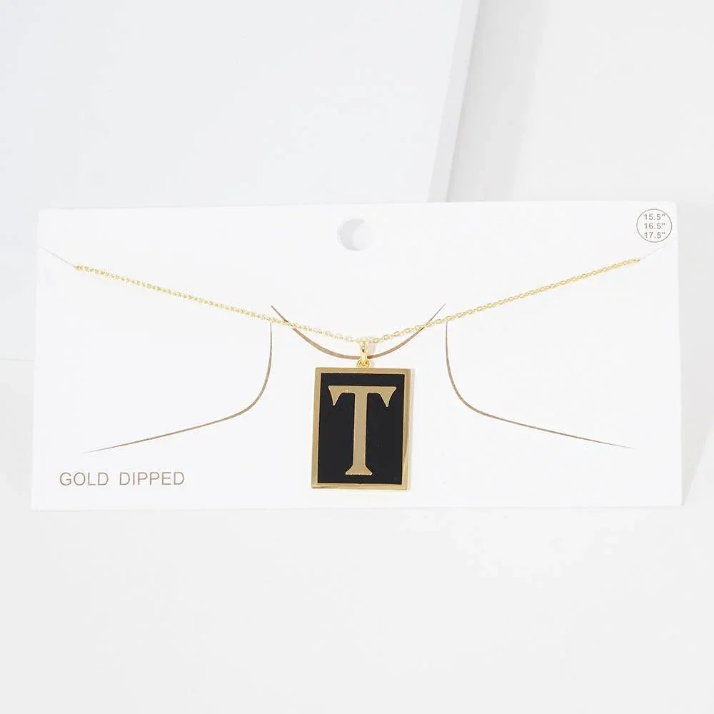 Letter T Gold Dipped Enamel Rectangle Monogram Pendant Necklace - Jewelry Store by Erik Rayo