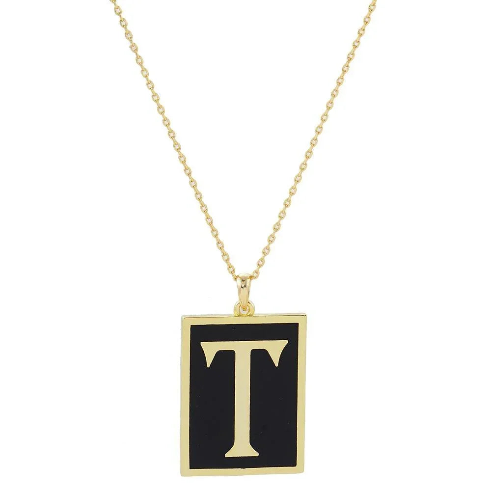 Letter T Gold Dipped Enamel Rectangle Monogram Pendant Necklace - Jewelry Store by Erik Rayo