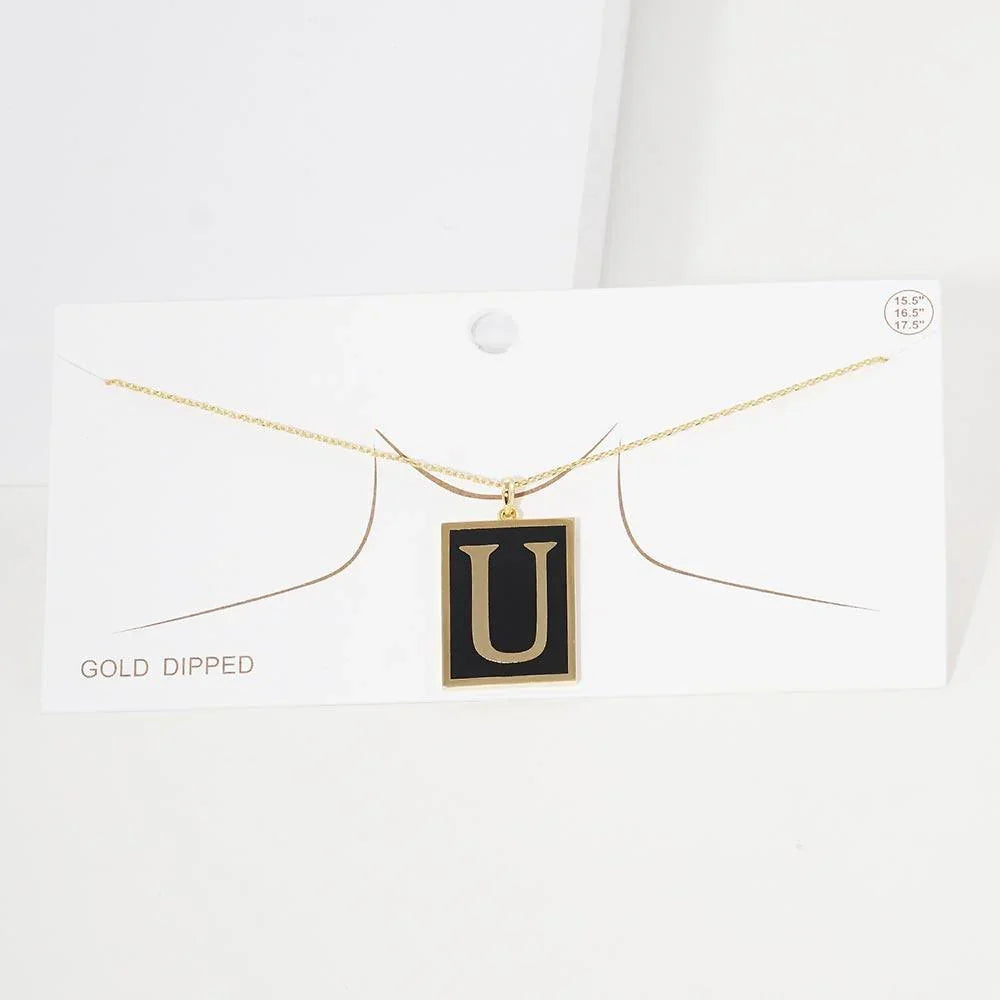 Letter U Gold Dipped Enamel Rectangle Monogram Pendant Necklace - Jewelry Store by Erik Rayo