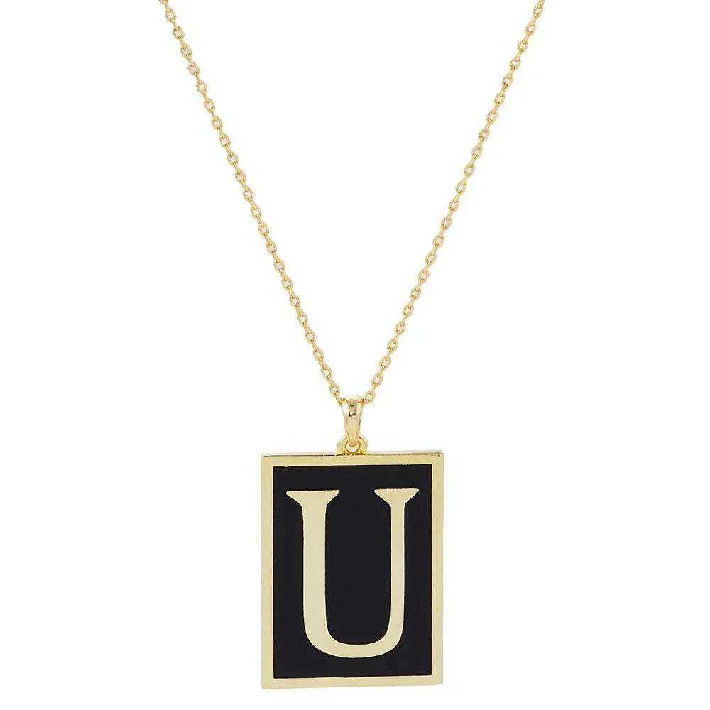 Letter U Gold Dipped Enamel Rectangle Monogram Pendant Necklace - Jewelry Store by Erik Rayo