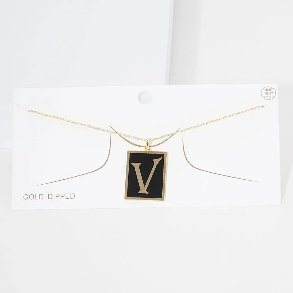 Letter V Gold Dipped Enamel Rectangle Monogram Pendant Necklace - Jewelry Store by Erik Rayo