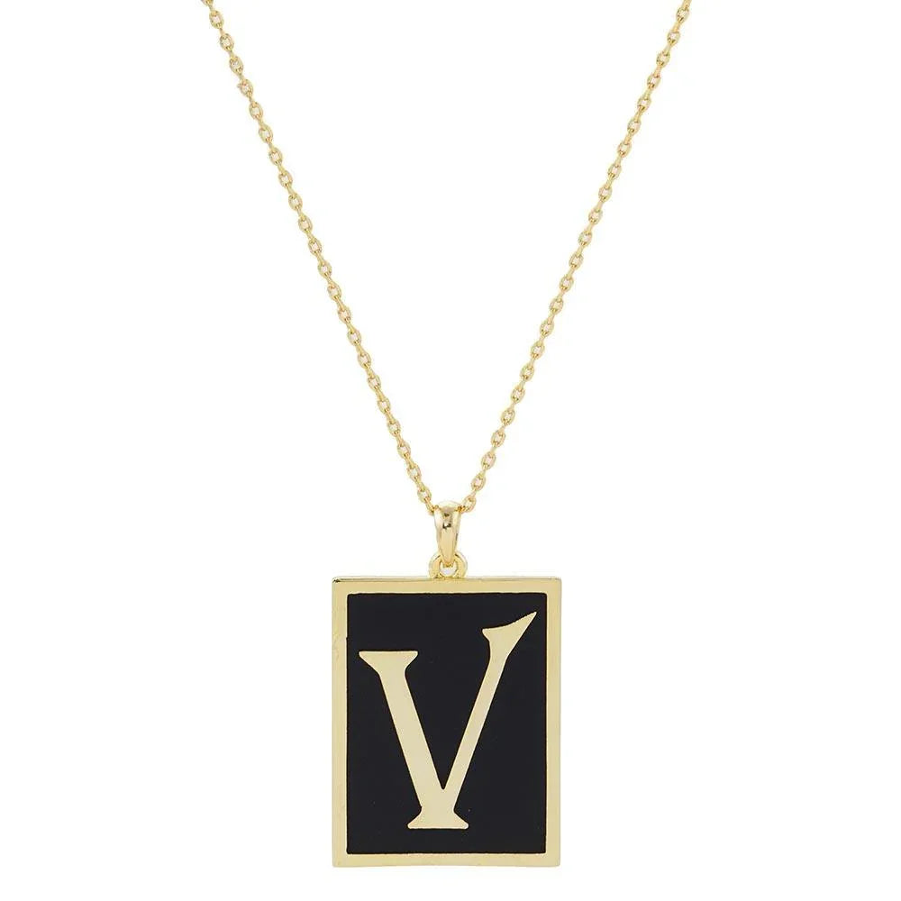 Letter V Gold Dipped Enamel Rectangle Monogram Pendant Necklace - Jewelry Store by Erik Rayo