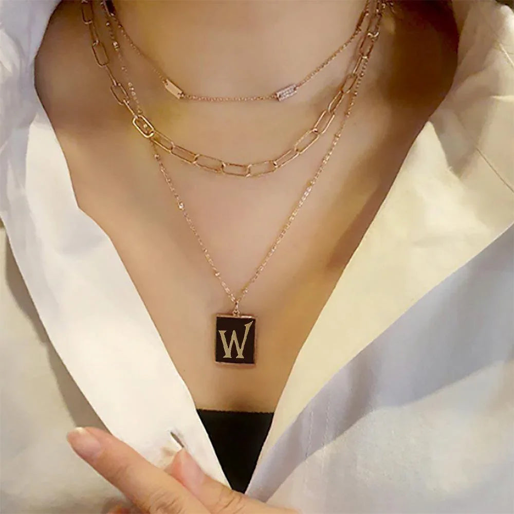 Letter W Gold Dipped Enamel Rectangle Monogram Pendant Necklace - Jewelry Store by Erik Rayo