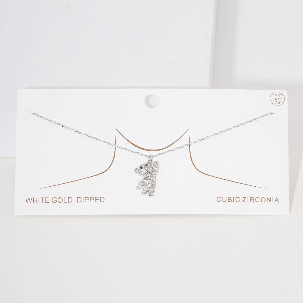 Gold White Gold Dipped CZ Embellished Bear Pendant Necklace