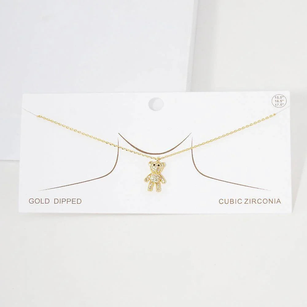 Gold Gold Dipped CZ Embellished Bear Pendant Necklace - Jewelry Store by Erik Rayo