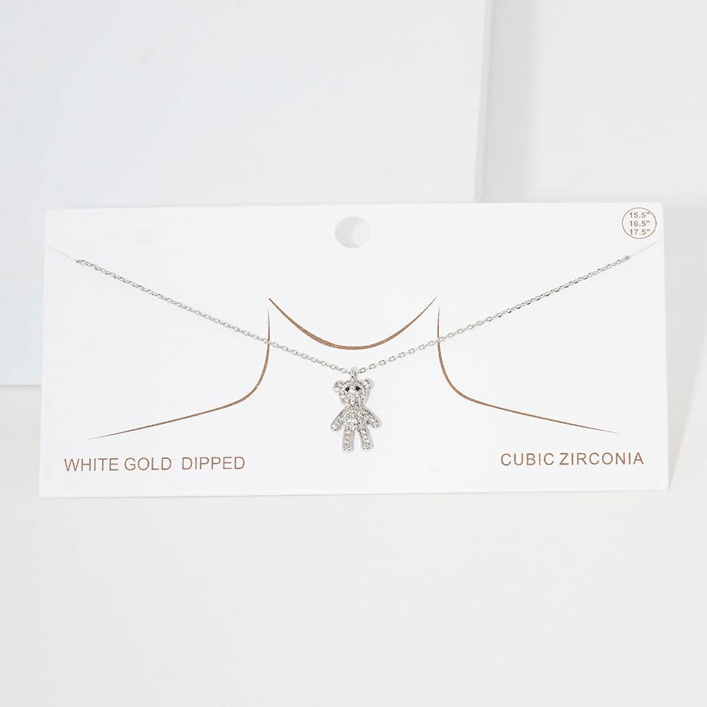 Gold White Gold Dipped CZ Embellished Bear Pendant Necklace