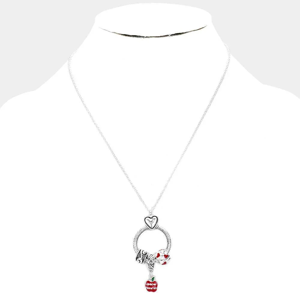 Silver Antique Metal Rhinestone Heart Apple Drop Pendant Necklace - Jewelry Store by Erik Rayo