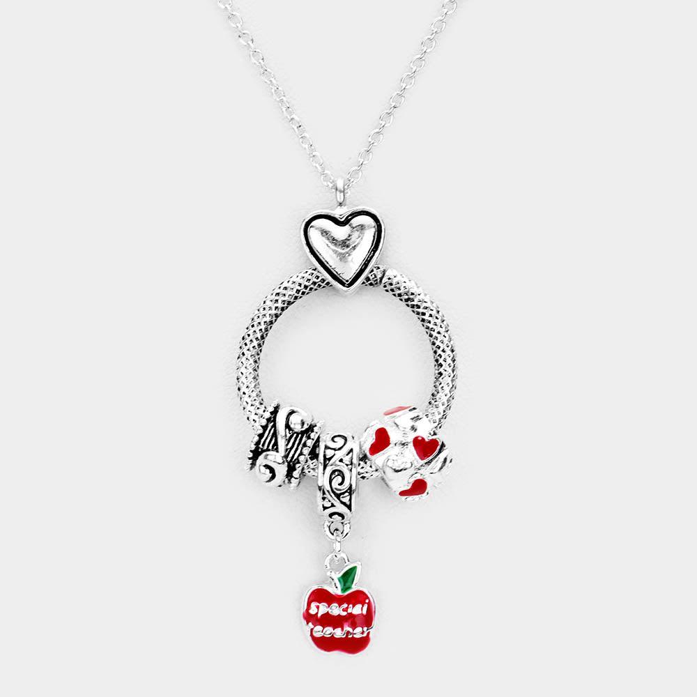 Silver Antique Metal Rhinestone Heart Apple Drop Pendant Necklace