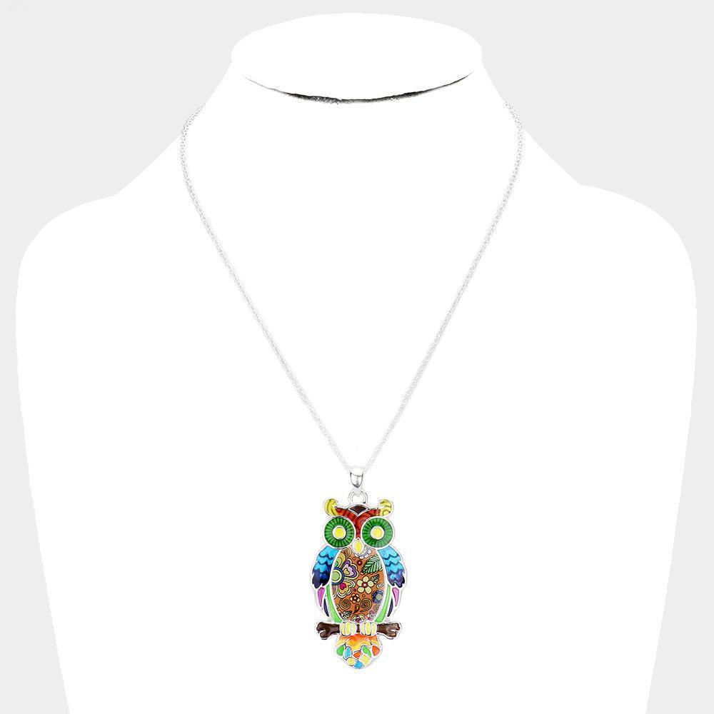 Silver Acrylic Colorful Pattern Owl Pendant Necklace - Jewelry Store by Erik Rayo