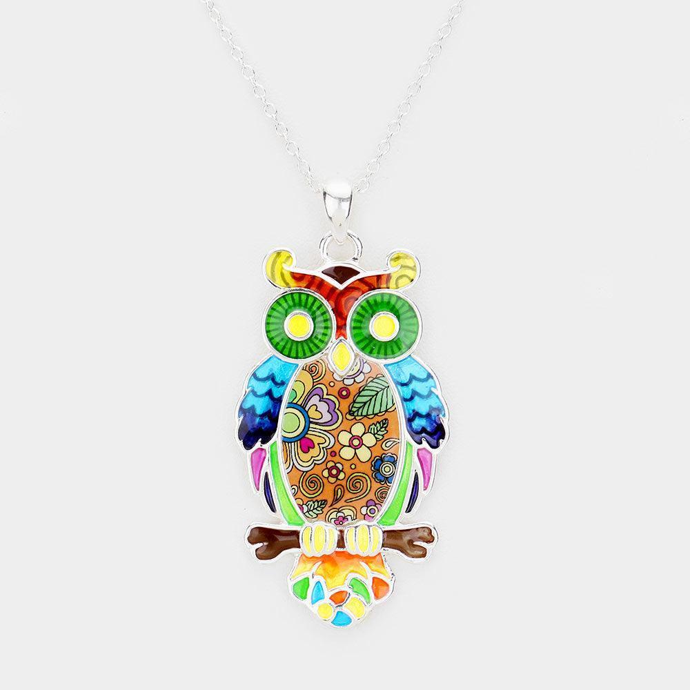 Silver Acrylic Colorful Pattern Owl Pendant Necklace - Jewelry Store by Erik Rayo