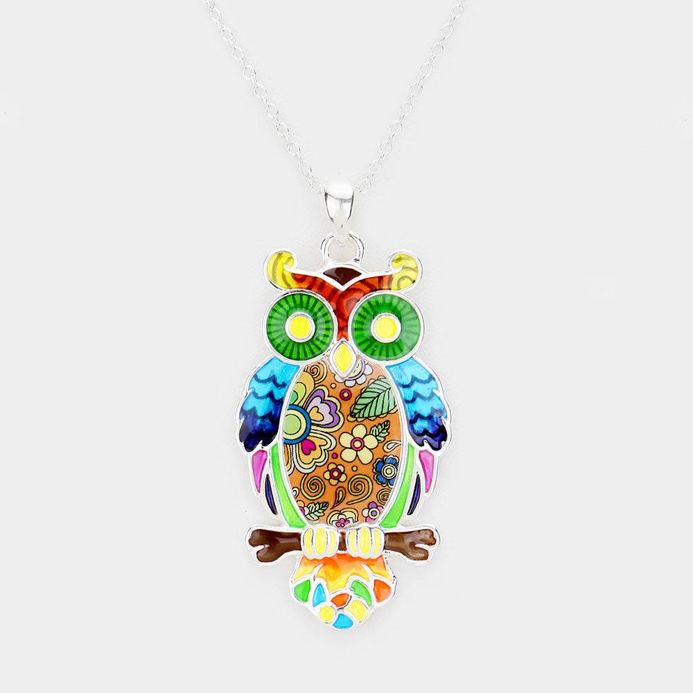 Silver Acrylic Colorful Pattern Owl Pendant Necklace