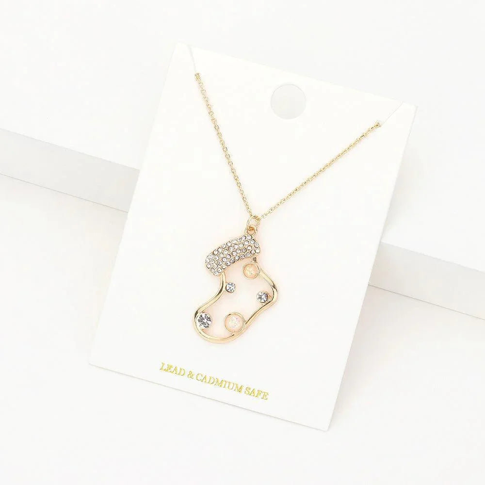 Gold Stone Embellished Christmas Socks Pendant Necklace - Jewelry Store by Erik Rayo