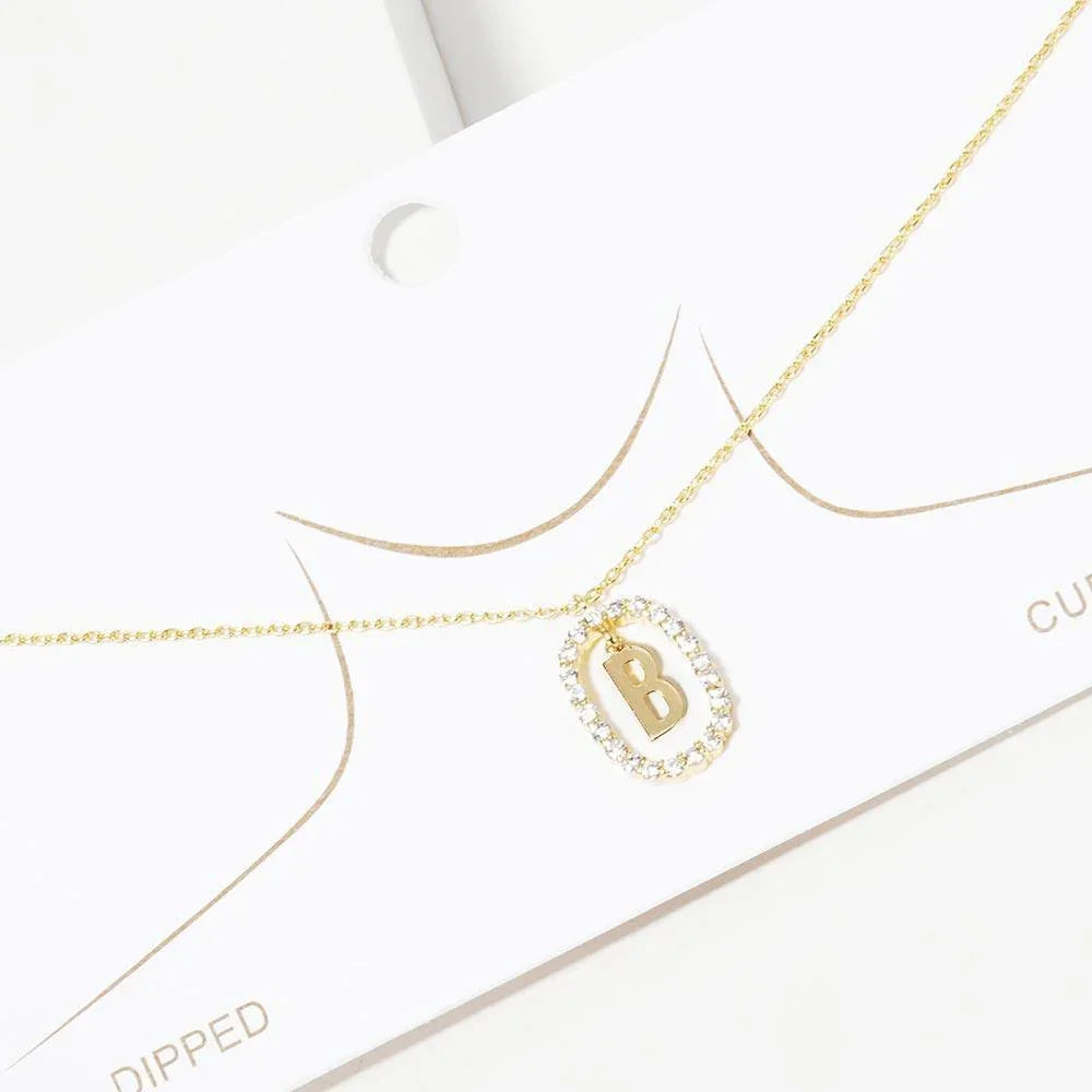Letter B Gold Dipped Metal Monogram Rhinestone Oval Link Pendant Necklace - Jewelry Store by Erik Rayo