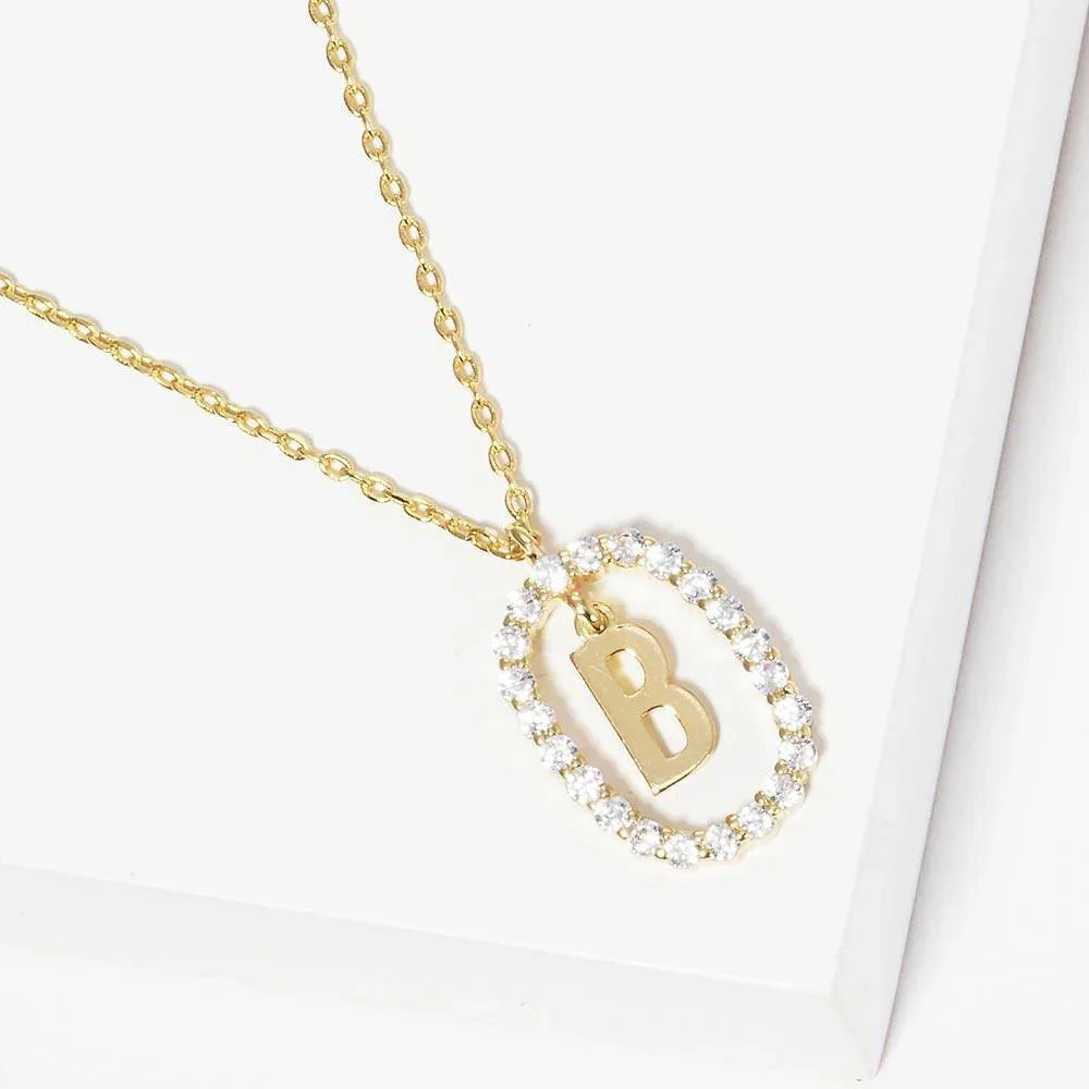 Letter B Gold Dipped Metal Monogram Rhinestone Oval Link Pendant Necklace - Jewelry Store by Erik Rayo
