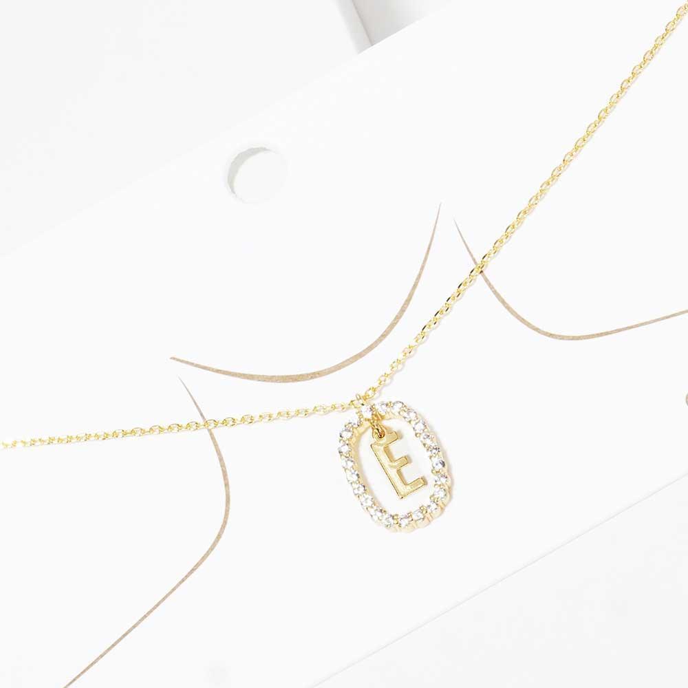 Letter E Gold Dipped Metal Monogram Rhinestone Oval Link Pendant Necklace - Jewelry Store by Erik Rayo