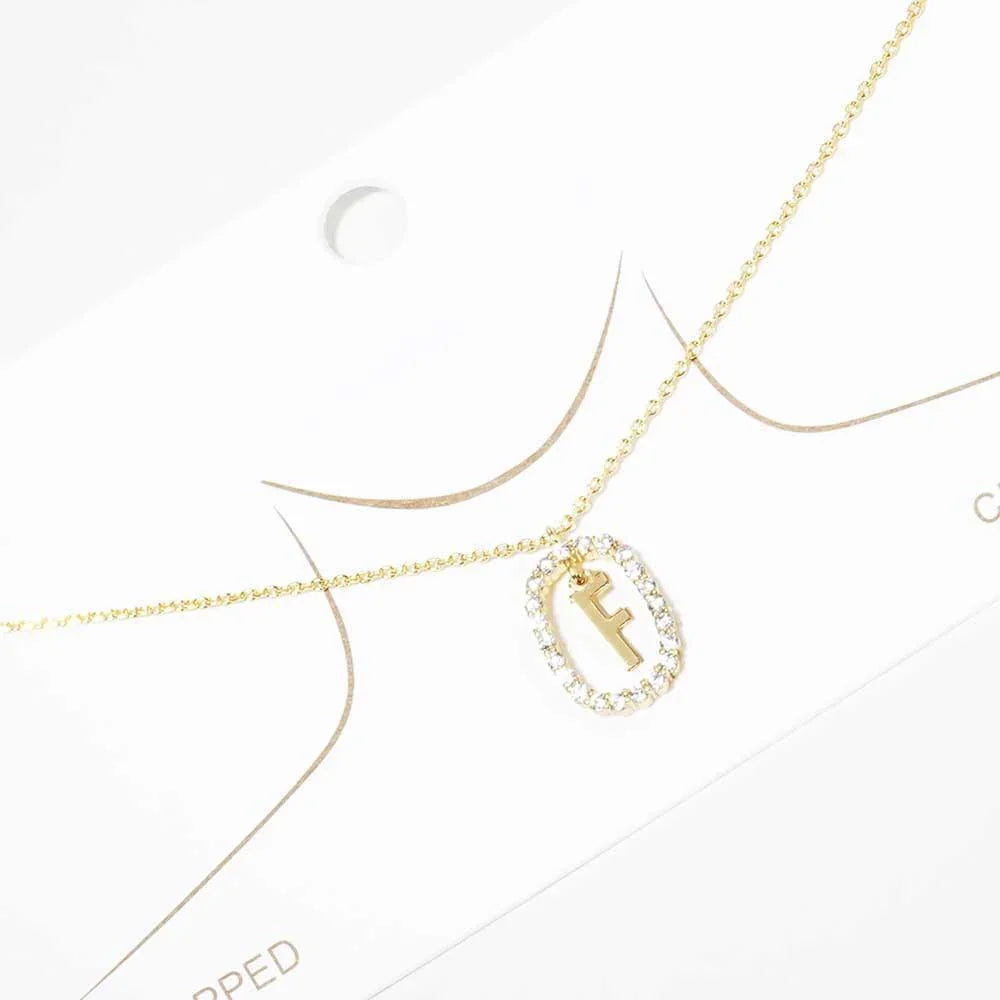 Letter F Gold Dipped Metal Monogram Rhinestone Oval Link Pendant Necklace - Jewelry Store by Erik Rayo
