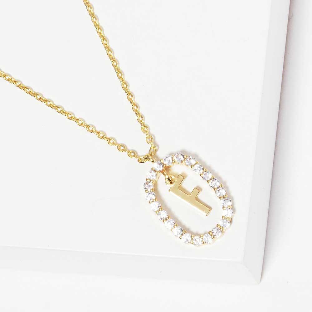 Letter F Gold Dipped Metal Monogram Rhinestone Oval Link Pendant Necklace - Jewelry Store by Erik Rayo