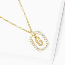 Load image into Gallery viewer, Letter G Gold Dipped Metal Monogram Rhinestone Oval Link Pendant Necklace
