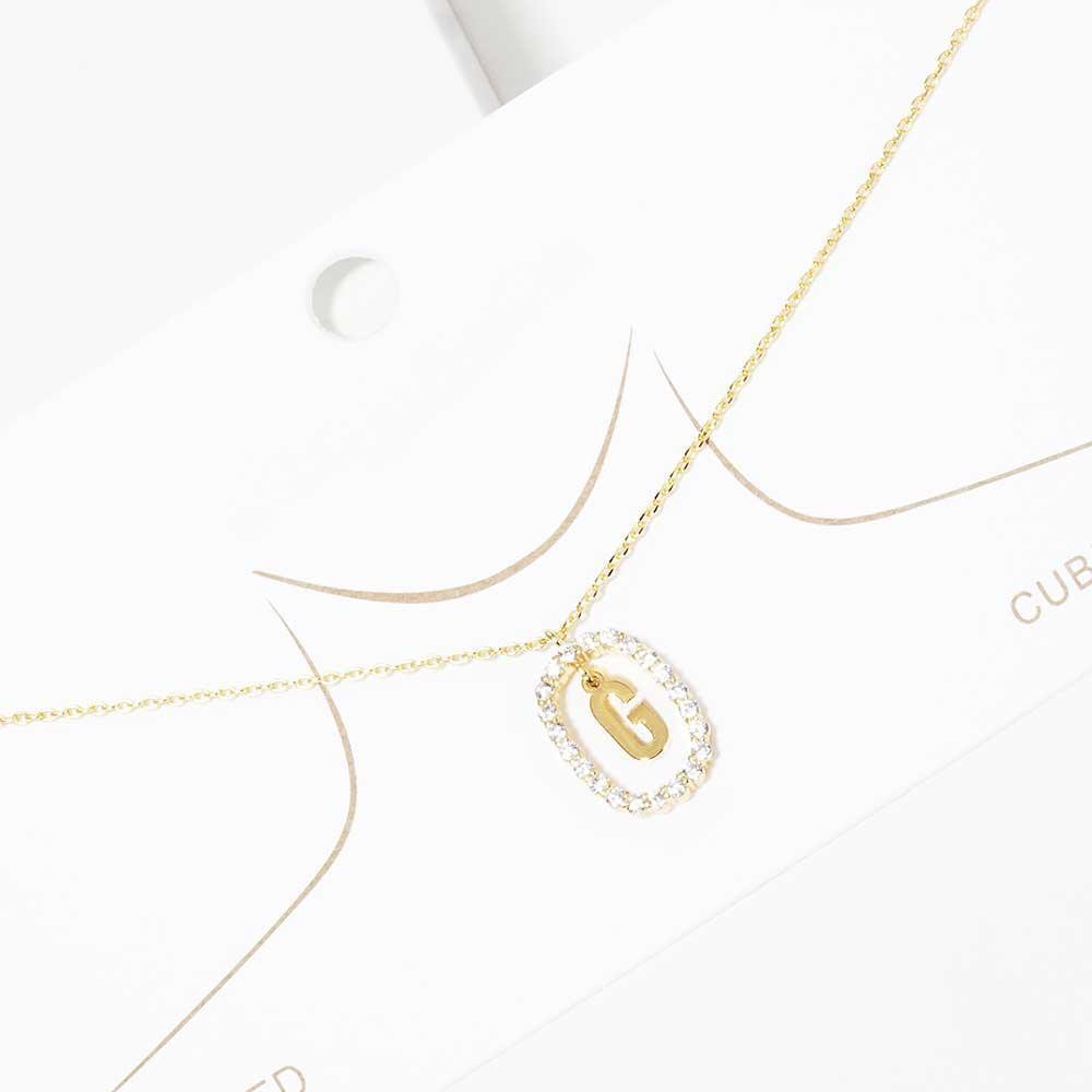Letter G Gold Dipped Metal Monogram Rhinestone Oval Link Pendant Necklace