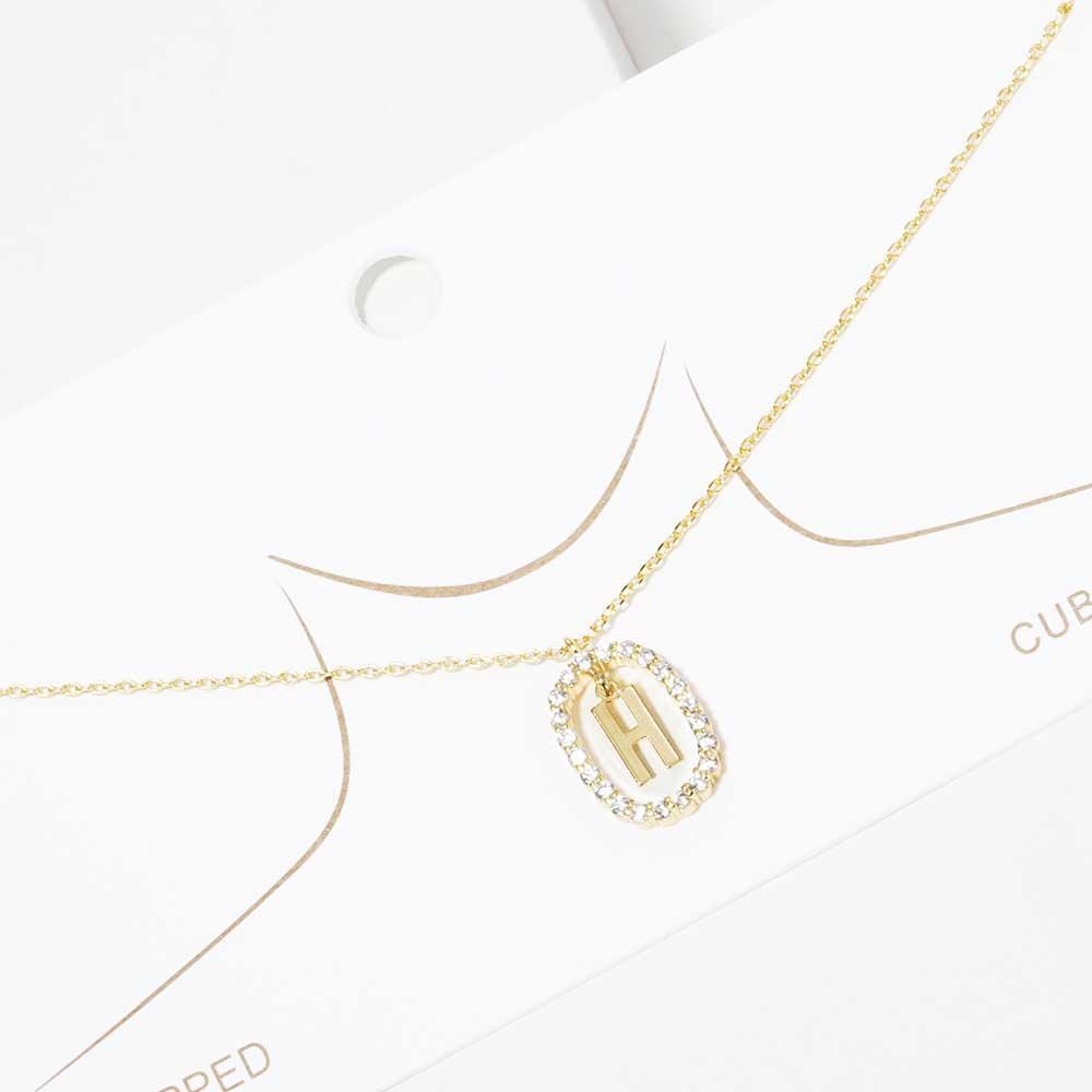 Letter H Gold Dipped Metal Monogram Rhinestone Oval Link Pendant Necklace - Jewelry Store by Erik Rayo