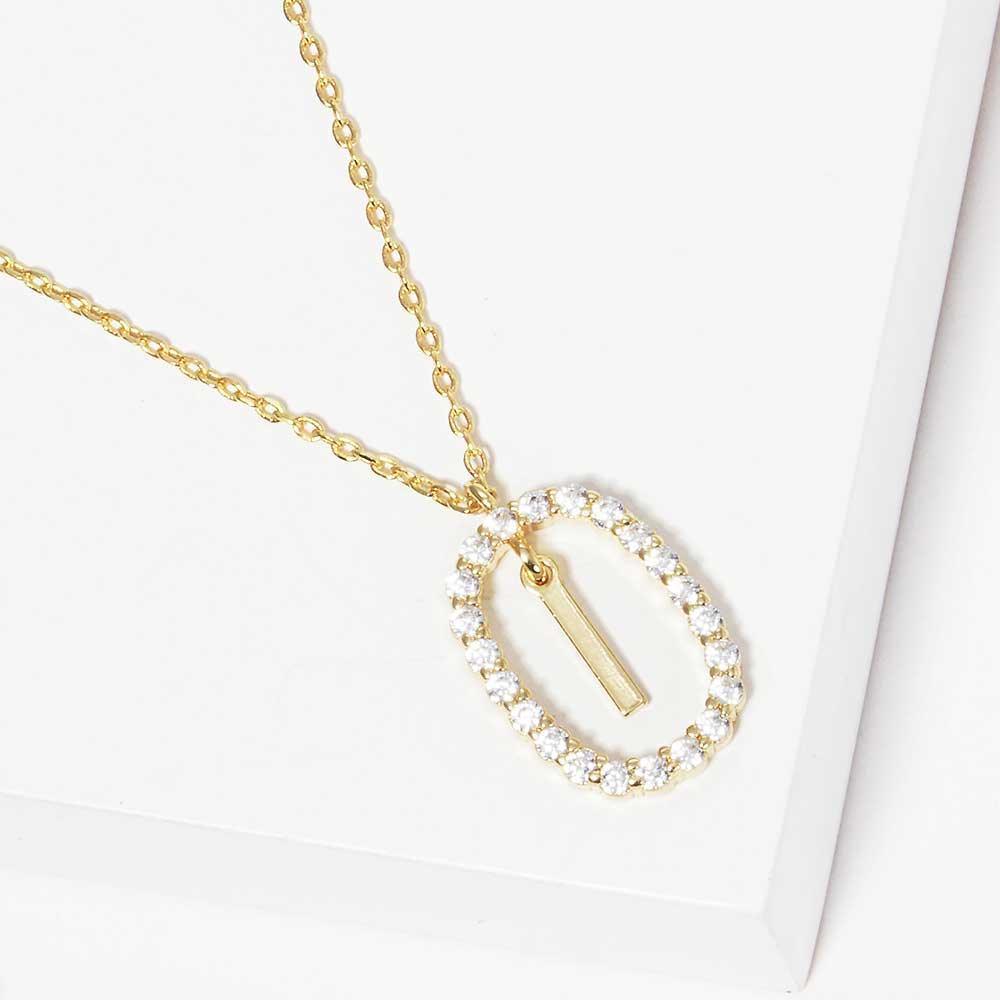 Letter I Gold Dipped Metal Monogram Rhinestone Oval Link Pendant Necklace - Jewelry Store by Erik Rayo