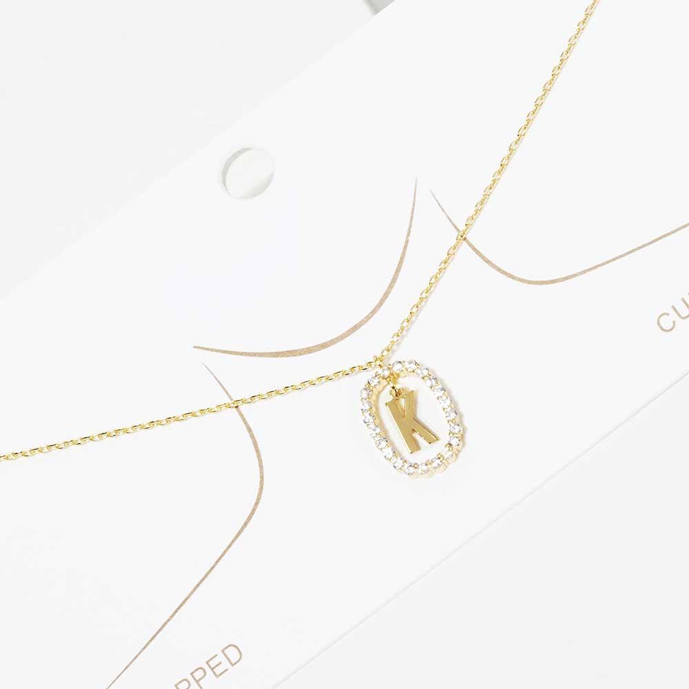 Letter K Gold Dipped Metal Monogram Rhinestone Oval Link Pendant Necklace - Jewelry Store by Erik Rayo