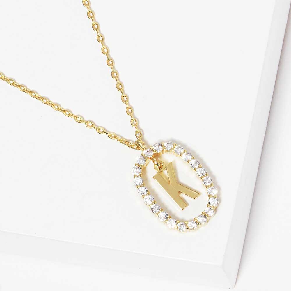 Letter K Gold Dipped Metal Monogram Rhinestone Oval Link Pendant Necklace - Jewelry Store by Erik Rayo