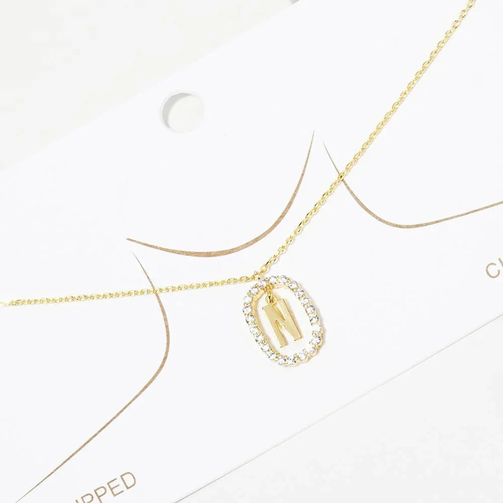 Letter N Gold Dipped Metal Monogram Rhinestone Oval Link Pendant Necklace - Jewelry Store by Erik Rayo