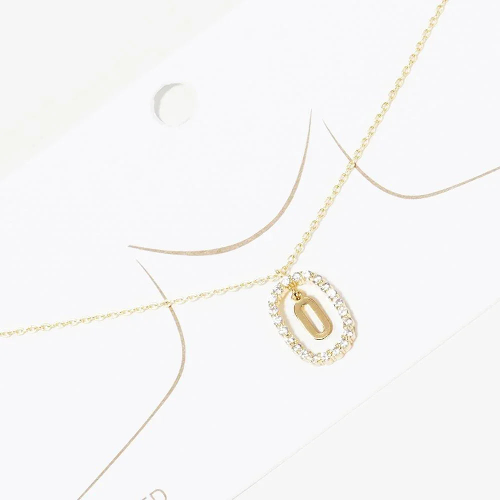 Letter O Gold Dipped Metal Monogram Rhinestone Oval Link Pendant Necklace