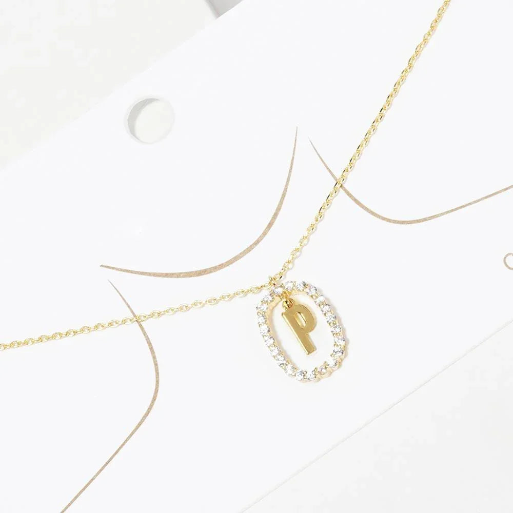 Letter P Gold Dipped Metal Monogram Rhinestone Oval Link Pendant Necklace - Jewelry Store by Erik Rayo