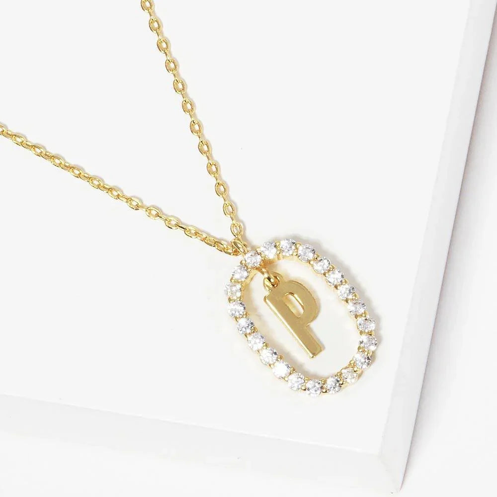 Letter P Gold Dipped Metal Monogram Rhinestone Oval Link Pendant Necklace - Jewelry Store by Erik Rayo