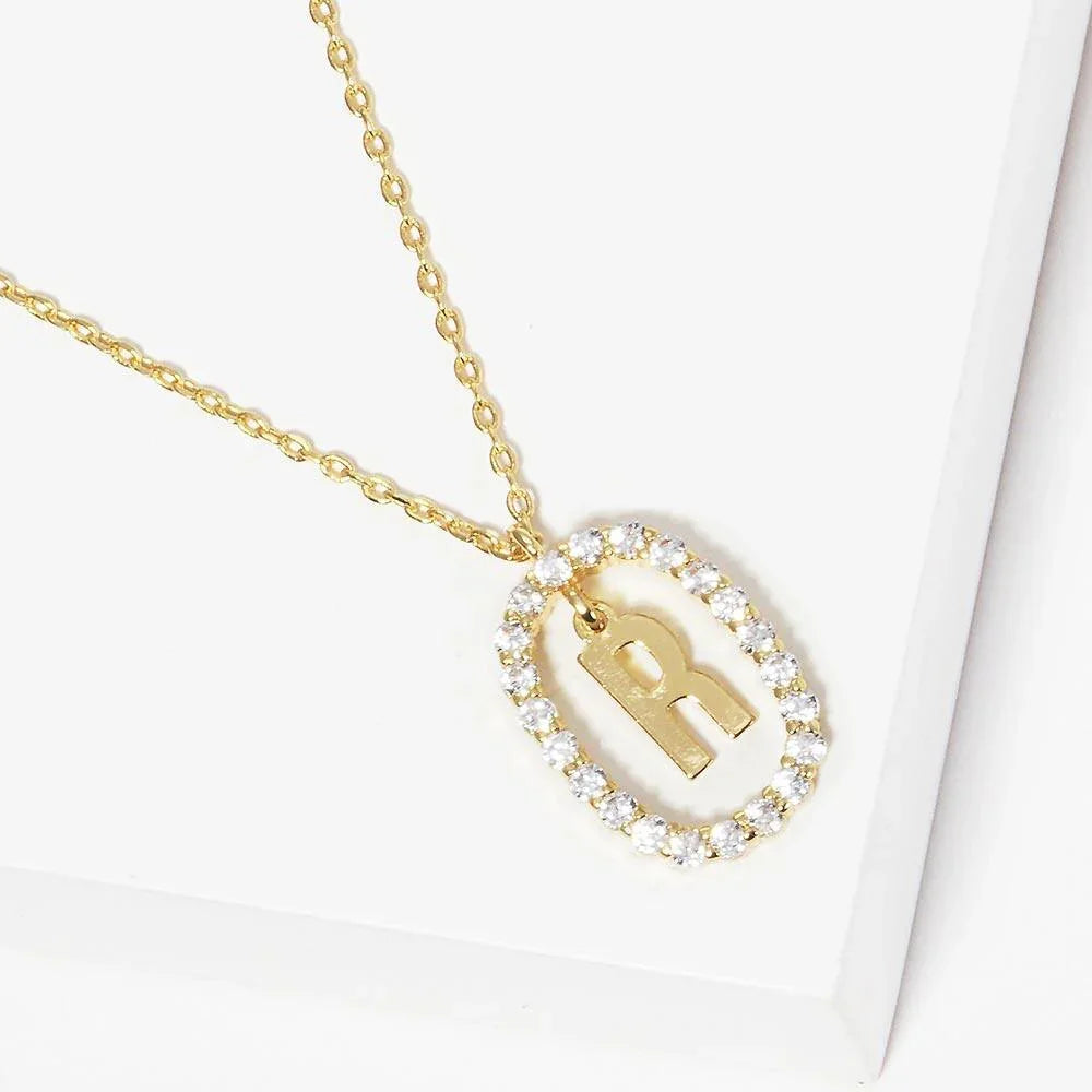 Gold -R- Gold Dipped Metal Monogram Rhinestone Oval Link Pendant Necklace - Jewelry Store by Erik Rayo