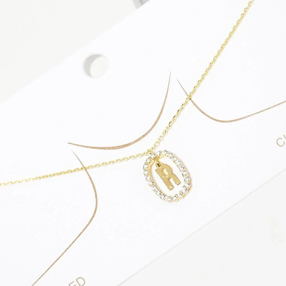 Gold -R- Gold Dipped Metal Monogram Rhinestone Oval Link Pendant Necklace - Jewelry Store by Erik Rayo