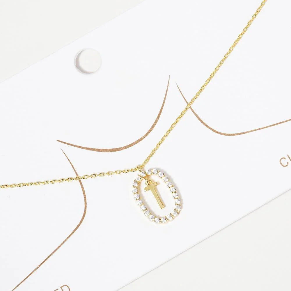Letter T Gold Dipped Metal Monogram Rhinestone Oval Link Pendant Necklace - Jewelry Store by Erik Rayo