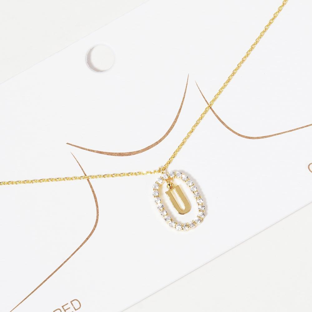 Letter U Gold Dipped Metal Monogram Rhinestone Oval Link Pendant Necklace - Jewelry Store by Erik Rayo