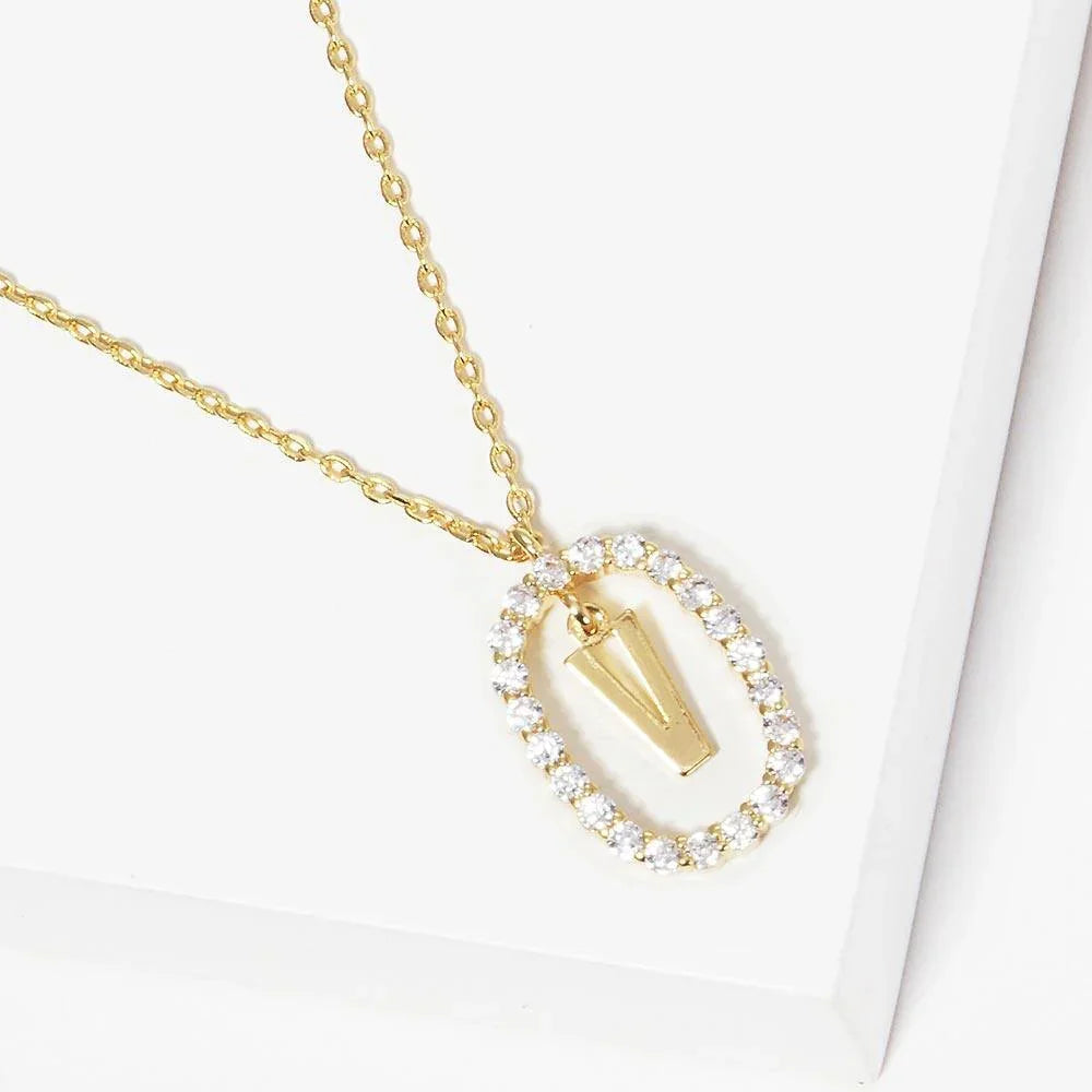 Letter V Gold Dipped Metal Monogram Rhinestone Oval Link Pendant Necklace - Jewelry Store by Erik Rayo