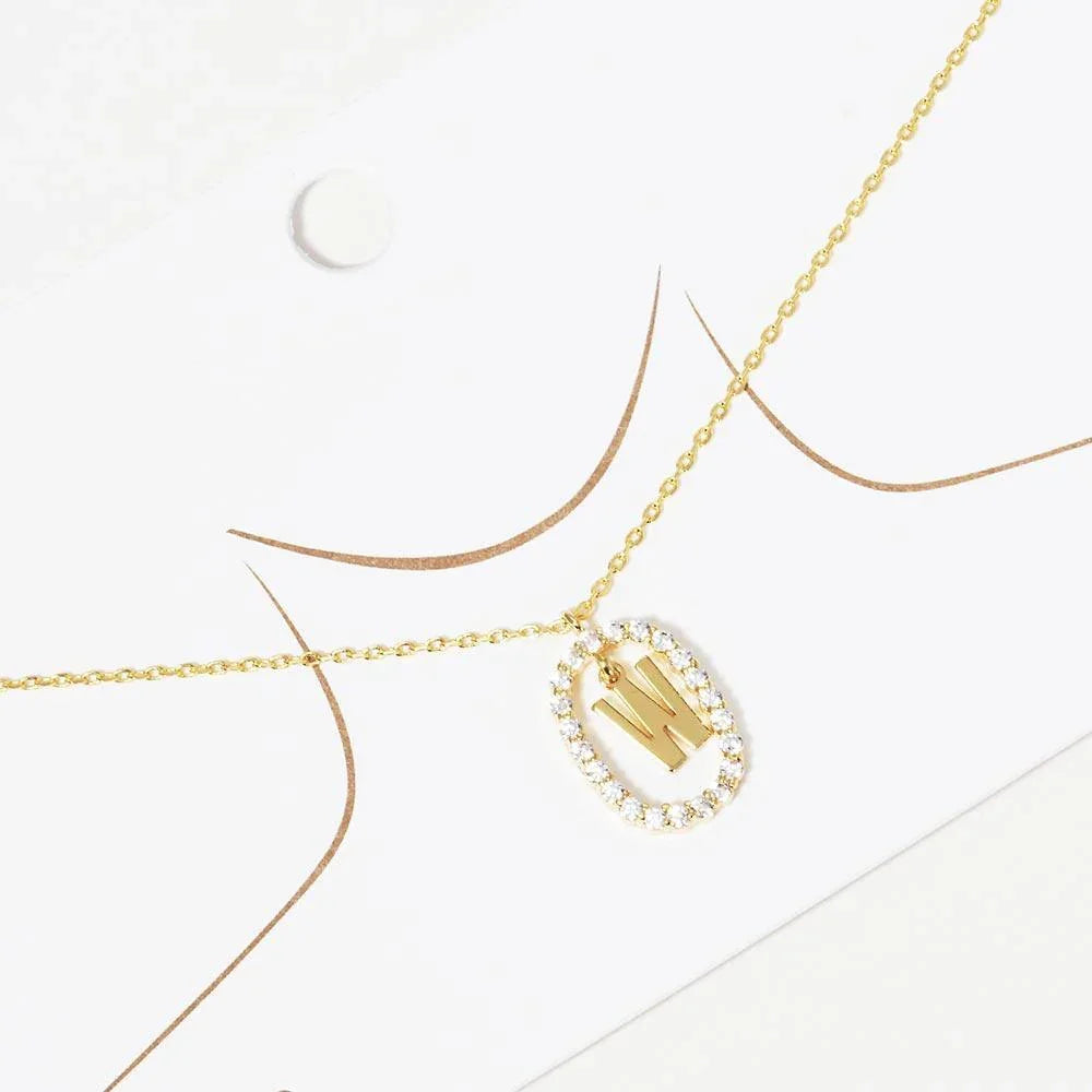 Letter W Gold Dipped Metal Monogram Rhinestone Oval Link Pendant Necklace - Jewelry Store by Erik Rayo