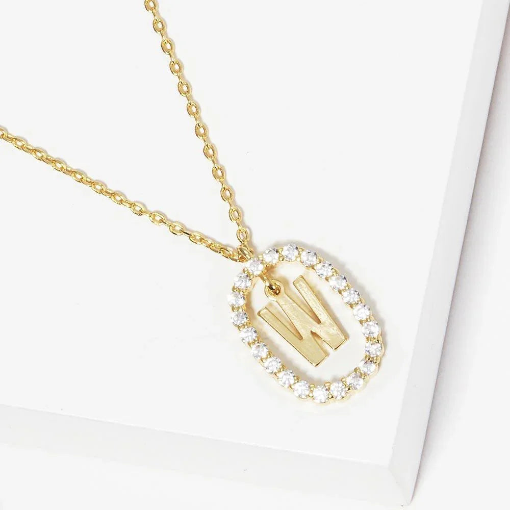 Letter W Gold Dipped Metal Monogram Rhinestone Oval Link Pendant Necklace - Jewelry Store by Erik Rayo
