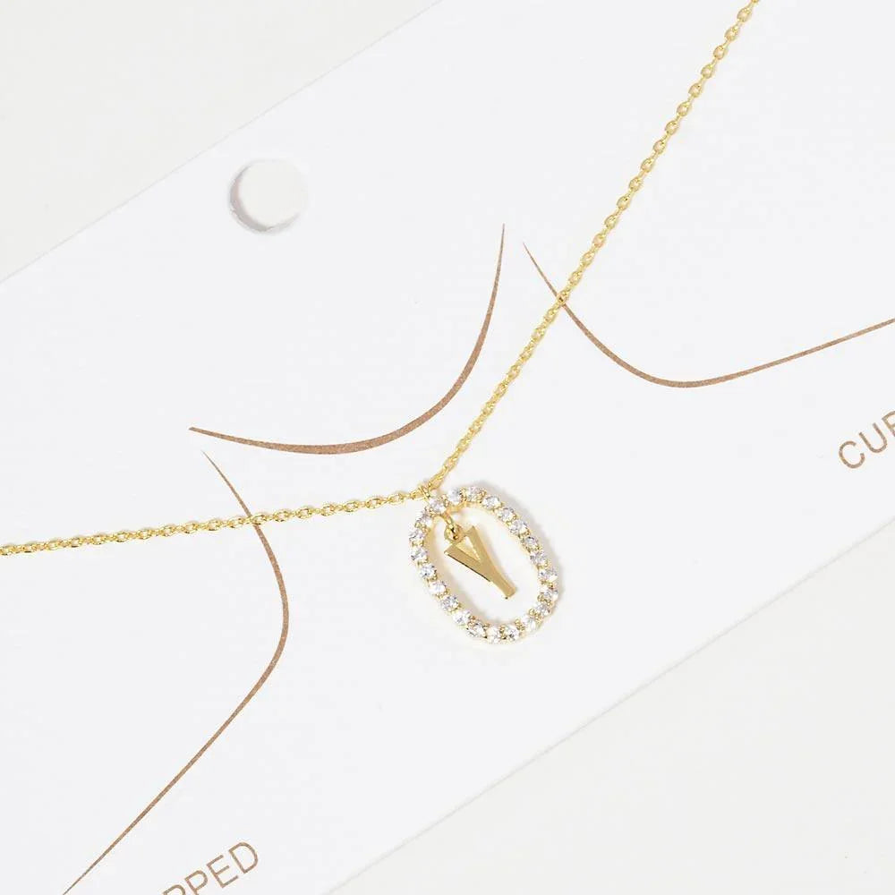 Letter Y Gold Dipped Metal Monogram Rhinestone Oval Link Pendant Necklace - Jewelry Store by Erik Rayo