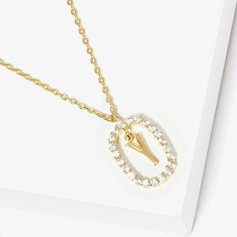 Letter Y Gold Dipped Metal Monogram Rhinestone Oval Link Pendant Necklace - Jewelry Store by Erik Rayo