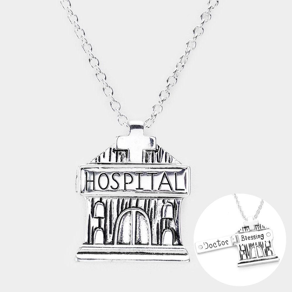 Silver Antique Metal Hospital Pendant Necklace