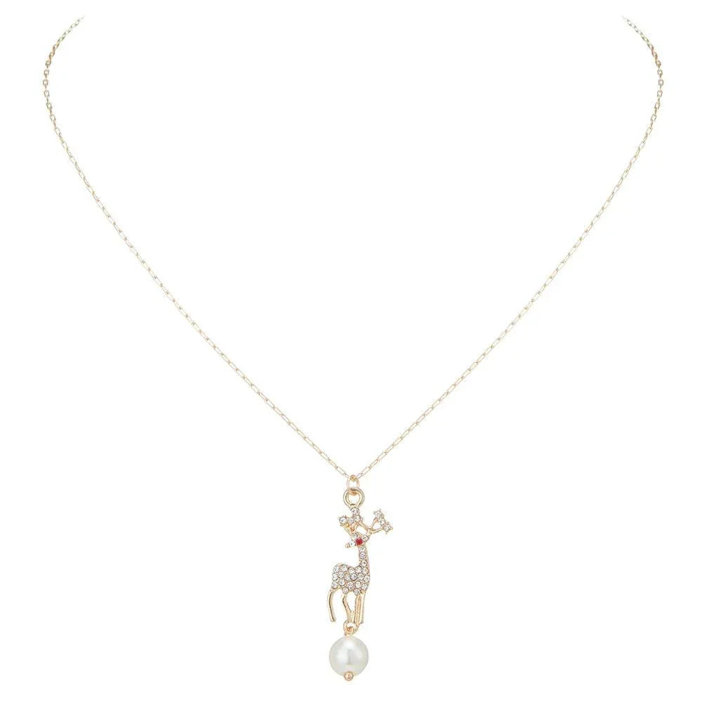 Gold Stone Embellished Reindeer Pearl Dangle Pendant Necklace - Jewelry Store by Erik Rayo