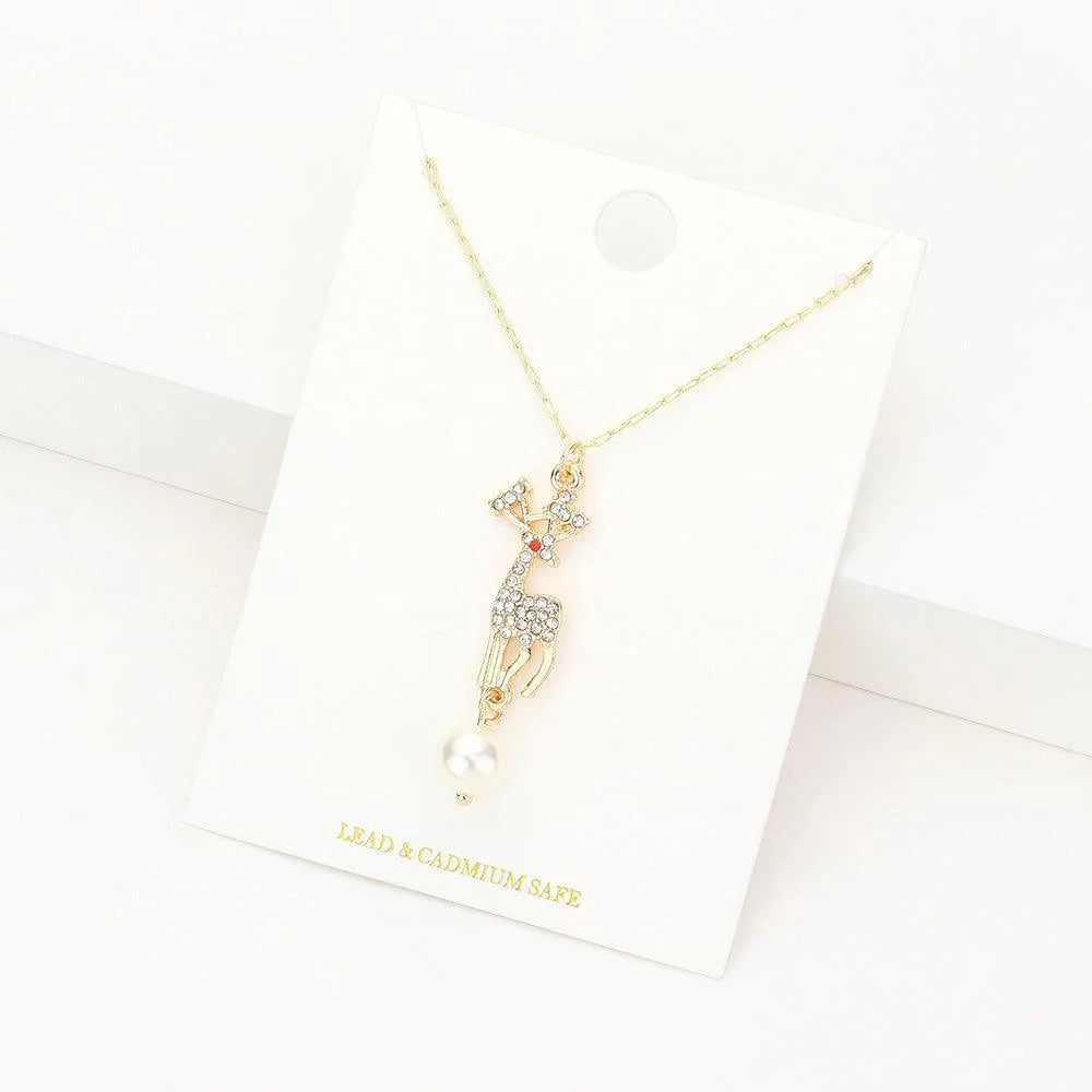 Gold Stone Embellished Reindeer Pearl Dangle Pendant Necklace - Jewelry Store by Erik Rayo