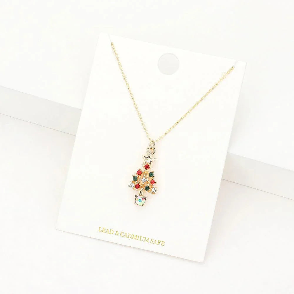 Gold Stone Embellished Christmas Tree Pendant Necklace - Jewelry Store by Erik Rayo