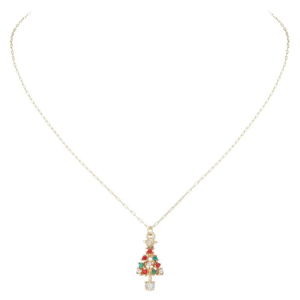 Gold Stone Embellished Christmas Tree Pendant Necklace - Jewelry Store by Erik Rayo