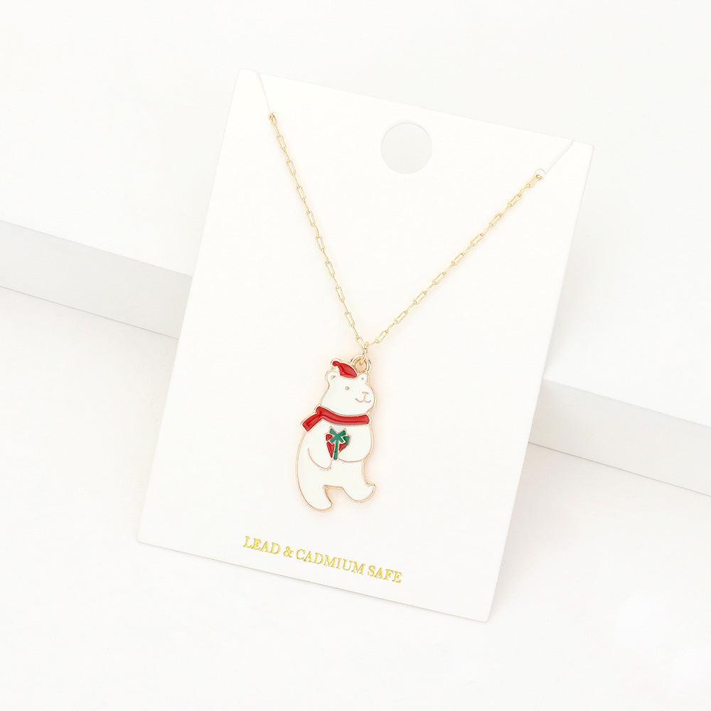 White Enamel Christmas Bead Pendant Necklace