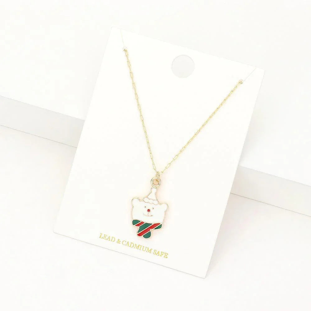 White Enamel Christmas Bear Pendant Necklace - Jewelry Store by Erik Rayo