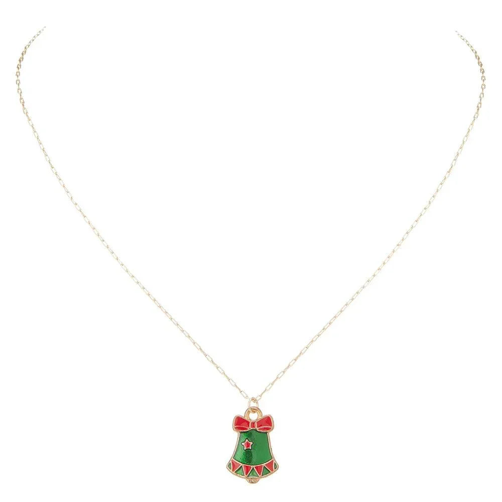Green Enamel Christmas Bell Pendant Necklace - Jewelry Store by Erik Rayo